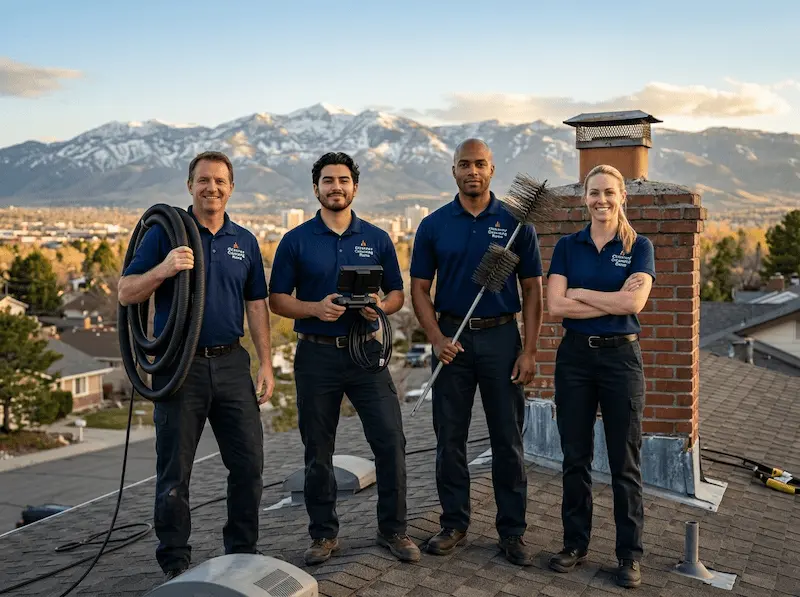 Diverse team of certified chimney sweeps standing on a residential rooftop in Reno, Nevada with Sierra Nevada mountains in background
