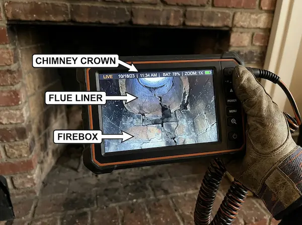 Chimney system inspection showing flue liner and firebox in Reno, Nevada