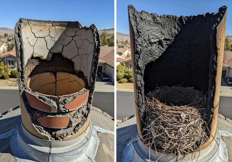Common chimney problems in Reno, Nevada including cracked liner, creosote, and animal nests