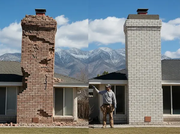 Comparison of damaged leaning chimney and fully rebuilt chimney in Reno, Nevada