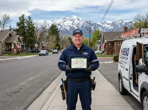 Professional chimney sweep in Reno, Nevada holding tablet showing map of local neighborhoods from Midtown to Stead