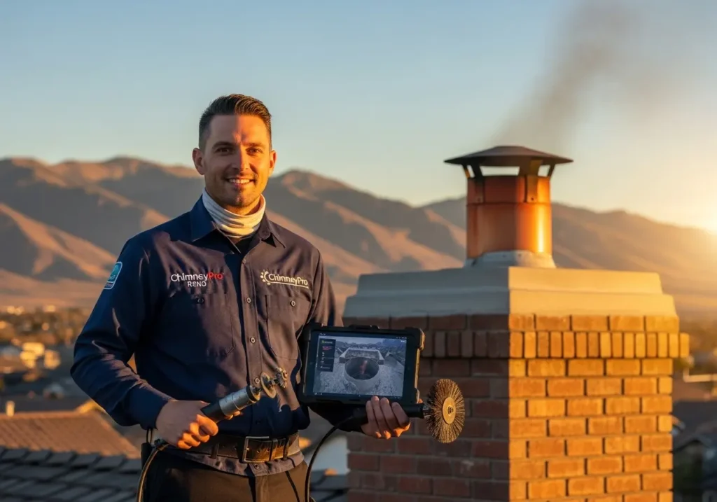 Most trusted CSIA certified chimney sweep Reno NV on rooftop with mountain view