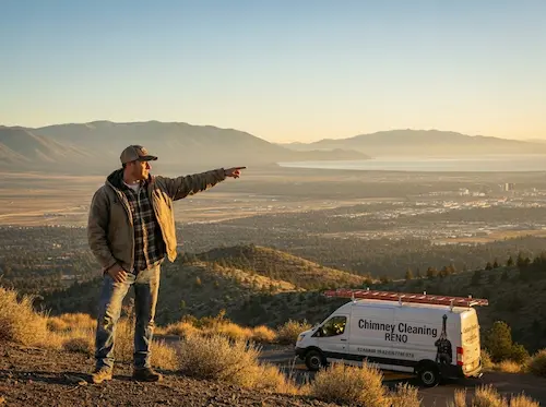 Professional chimney sweep overlooking Truckee Meadows and Sierra Nevada mountains showing coverage area