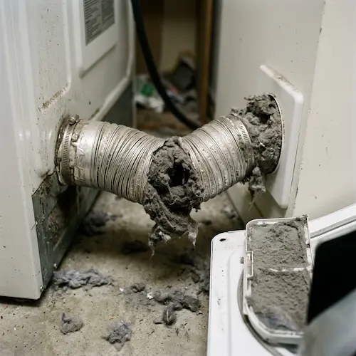 Clogged dryer vent with lint buildup in Reno, Nevada before cleaning