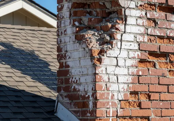 Warning signs of chimney damage in Reno, Nevada showing efflorescence, cracks, and spalling bricks