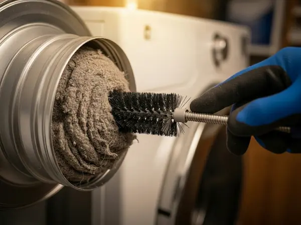 Clogged dryer vent showing lint buildup and fire hazard in Reno, Nevada