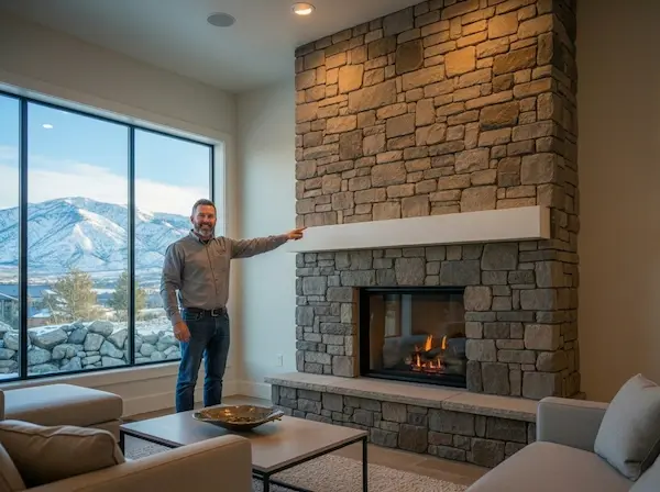 Newly installed stone fireplace in a Reno, Nevada home with mountain view