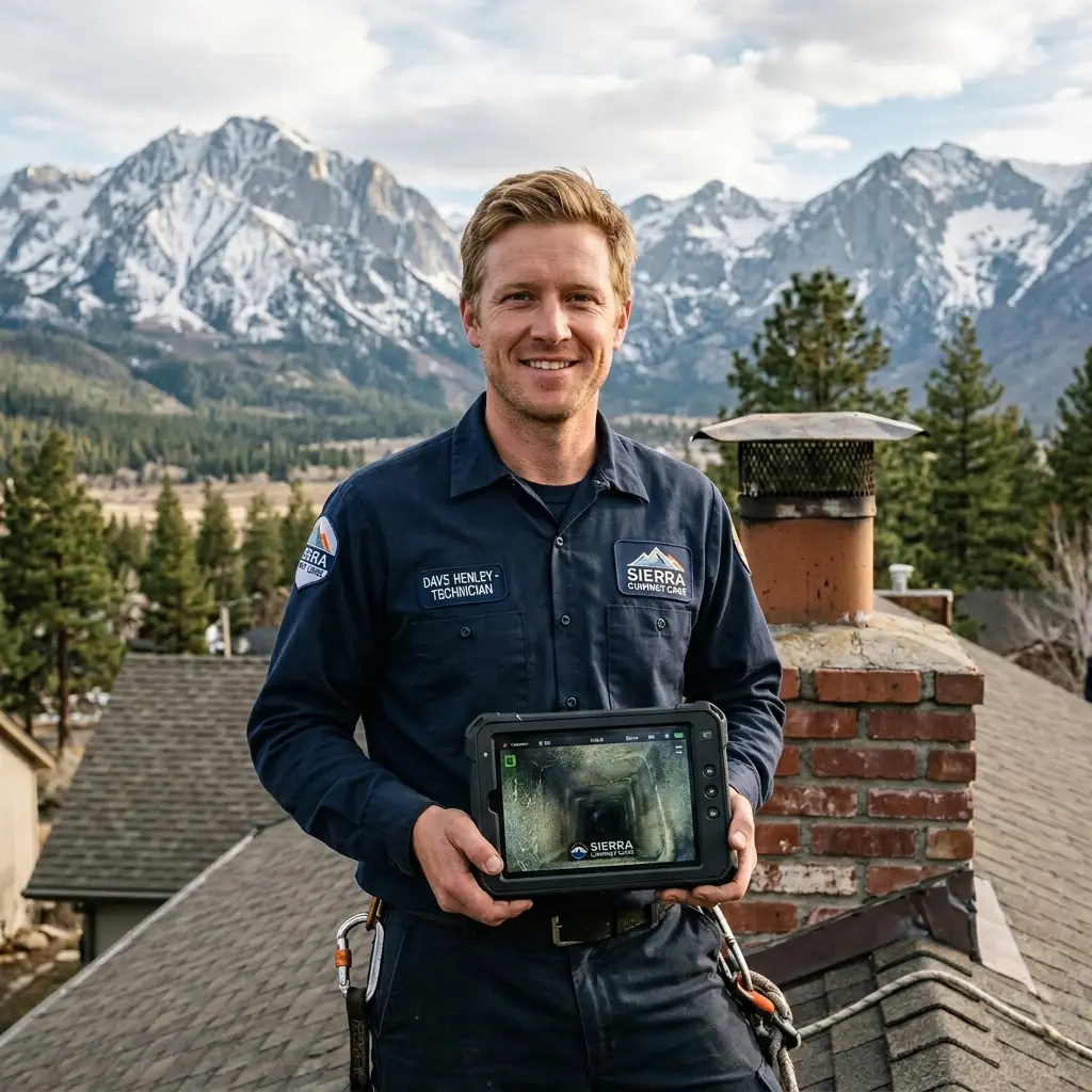 Dave Henley, chimney sweep technician in Reno, Nevada holding inspection camera