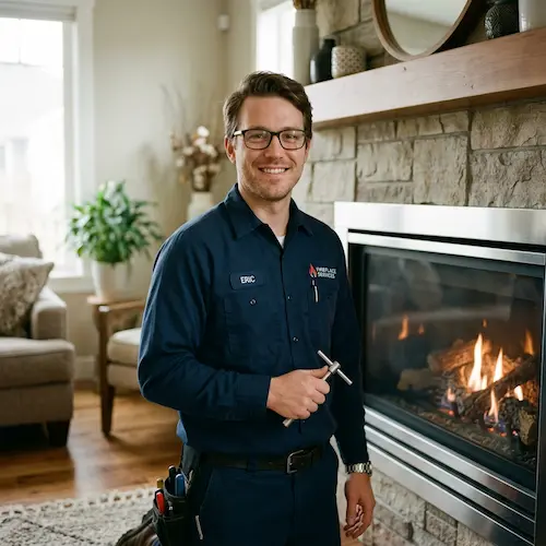 Eric Whitfield, gas fireplace technician in Reno, Nevada holding a gas valve tool