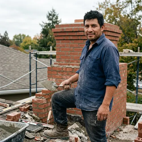 omás Guerra, masonry contractor in Reno, Nevada holding trowel with mortar