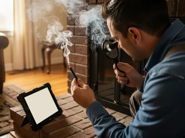 Fireplace repair Reno, NV specialist diagnosing a smoking fireplace in Reno, Nevada