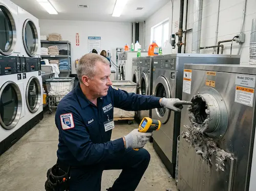 Certified technician inspecting dryer vent for lint buildup and fire hazard in Reno, Nevada