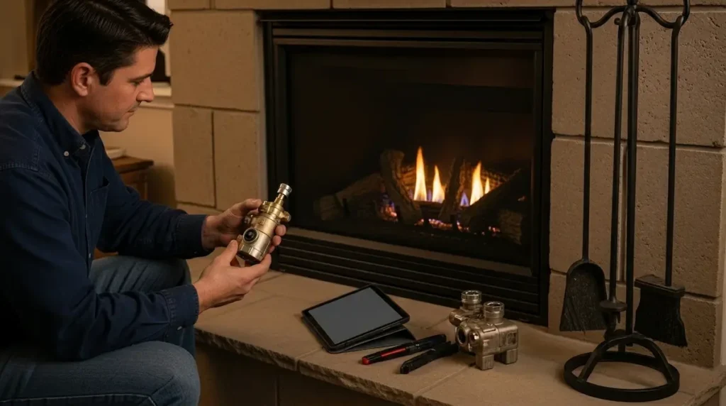 CSIA-certified fireplace repair technician diagnosing gas fireplace in Reno Nevada