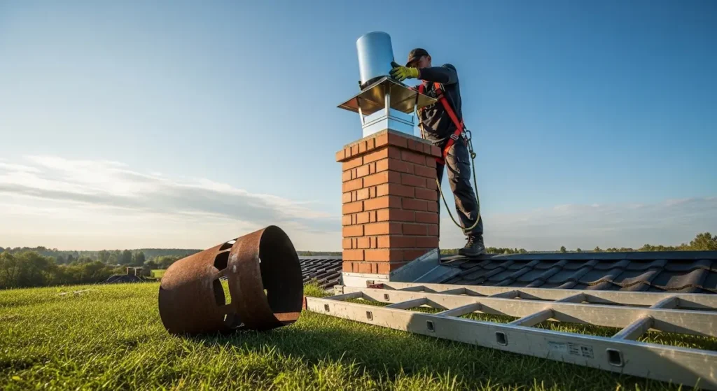 Chimney cap installation on residential roof in Reno NV by professional technician reno