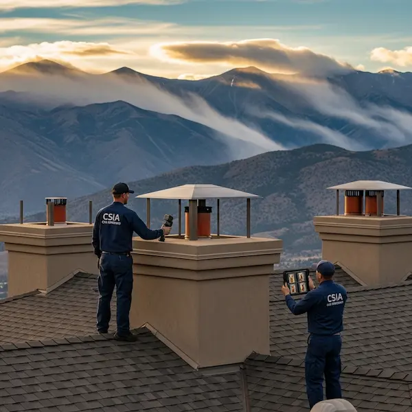 Dramatic elevated exterior shot of ridgeline estate home in Somersett Northwest Reno at 4800 to 5200 feet elevation with CSIA certified chimney sweep on roof installing wind resistant Zephyr cap with Sierra Nevada mountains and sweeping wind clouds representing Washoe Zephyr exposure and multiple chimneys visible on home