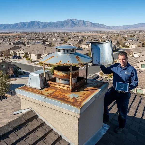 CSIA certified chimney sweep standing on roof beside rusty deteriorated metal chase cover on South Reno home in Damonte Ranch or Arrowcreek holding replacement chase cover panel and camera inspection tablet with Mt Rose visible in background