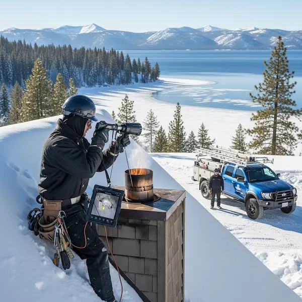 Winter scene at Lake Tahoe showing CSIA certified chimney sweep in cold weather gear on steep pitched roof of Incline Village or Crystal Bay North Shore cabin with camera inspection scope inserted into chimney flue and tablet displaying creosote buildup and freeze thaw liner damage with heavy snow and second technician near 4x4 service vehicle and partially frozen Lake Tahoe in background