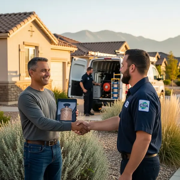 CSIA certified chimney technician shaking hands with smiling Sparks Nevada homeowner in front of stucco tile roof home with camera inspection tablet and service van in background