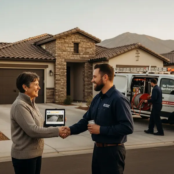 Smiling South Reno homeowner shaking hands with CSIA certified chimney sweep technician in front of modern South Meadows or Damonte Ranch or Arrowcreek home with tablet showing 4.9 star rating and camera inspection image and service van in driveway with Mt Rose in background