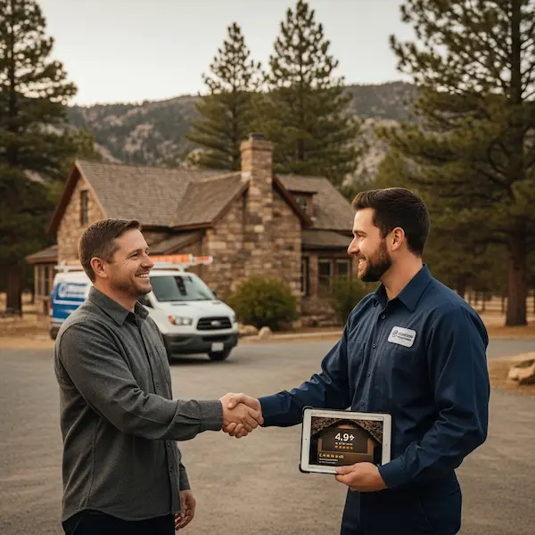 Smiling Carson City or Gardnerville homeowner shaking hands with CSIA certified chimney sweep technician in front of historic or rural Nevada home with rustic stone or brick and pine trees and Sierra Nevada foothills in background and homeowner holding tablet showing camera inspection image and 4.9 star rating and service van in driveway