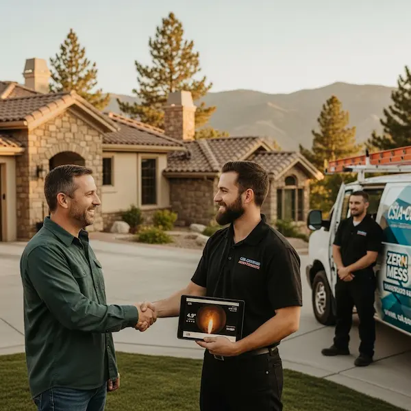 Smiling Northwest Reno homeowner shaking hands with CSIA certified chimney sweep technician in front of premium Somersett or Caughlin Ranch foothills home with stone and stucco architecture and mountain views and technician holding tablet showing camera inspection image and 4.9 star rating and second technician near clean service van