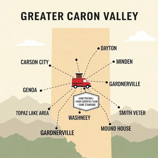 Stylized map illustration of greater Carson Valley region highlighting Carson City Dayton Minden Gardnerville plus extended communities Genoa Topaz Lake Area Washoe Valley Smith Valley Mound House with red chimney sweep van icon at center and dashed route lines radiating outward and badge reading same pricing same certified team same standard