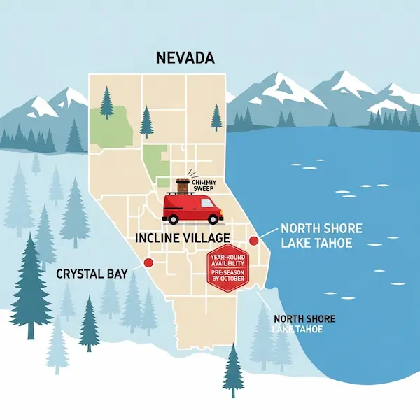 Stylized map illustration of Nevada side Lake Tahoe highlighting three communities Incline Village Crystal Bay and North Shore Lake Tahoe with red chimney sweep van icon near Incline Village and badge reading year round availability and pre season by October with pine tree silhouettes and snow dusted mountains in background