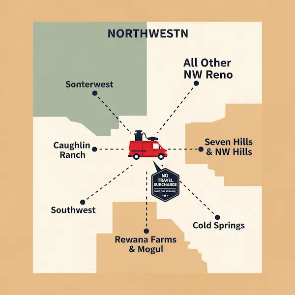 Stylized map illustration of Northwest Reno Nevada showing six neighborhood zones Somersett Caughlin Ranch Cold Springs Seven Hills and NW Hills Rewana Farms and Mogul and all other NW Reno with red chimney sweep van icon at center and dashed route lines radiating outward with no travel surcharge and same day available badges