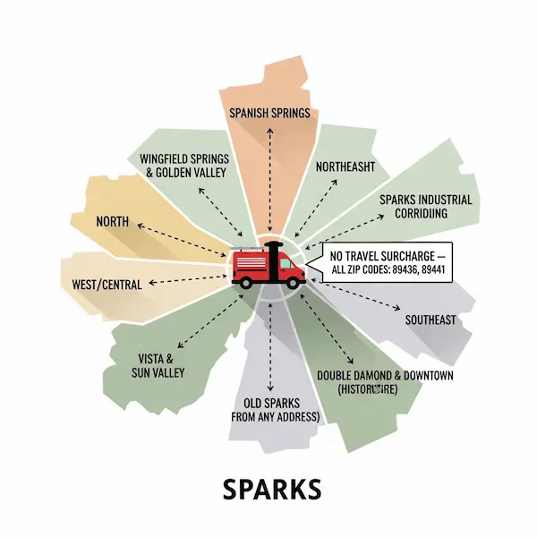 Color coded map of Sparks Nevada neighborhoods Spanish Springs Wingfield Springs Golden Valley Vista Sun Valley Double Diamond SE Sparks Old Sparks Downtown Industrial Corridor with chimney sweep van icon and route lines showing 15 to 20 minute coverage