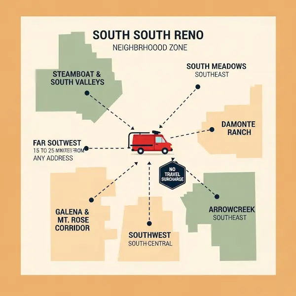 Stylized map illustration of South Reno Nevada showing six neighborhood zones South Meadows Damonte Ranch Arrowcreek Steamboat South Valleys Galena and Mt Rose corridor with red chimney sweep van icon at center and dashed route lines radiating outward with no travel surcharge badge