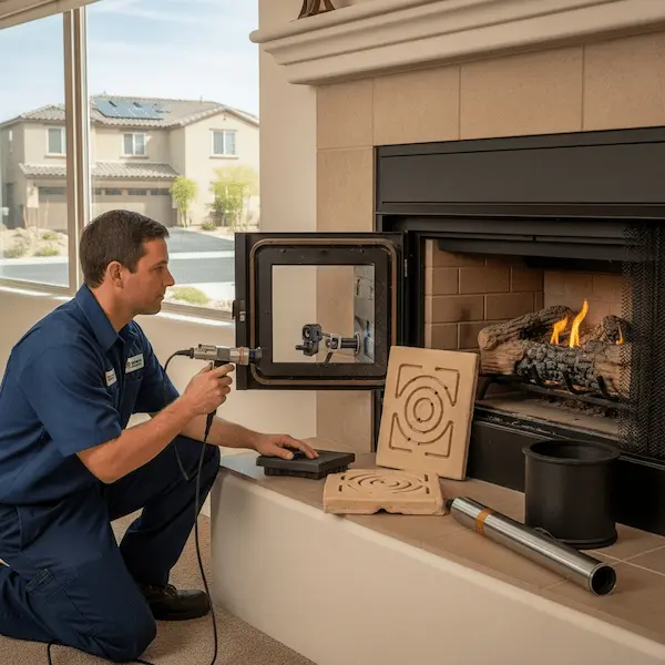 Chimney sweep technician inspecting fireplace and chimney in Sparks NV