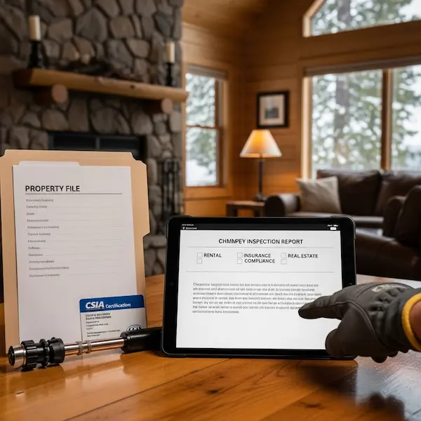 Warm professional indoor scene showing tablet on rustic Tahoe cabin table displaying written chimney inspection report with rental insurance and real estate compliance checkboxes next to CSIA certification card camera inspection scope and printed report folder with Lake Tahoe cabin living room and stone fireplace and snow covered trees visible through window in background
