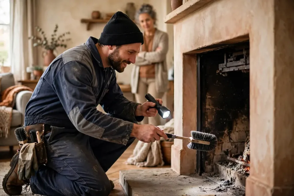 Certified chimney sweep inspecting a fireplace hearth during a home visit in Reno, NV