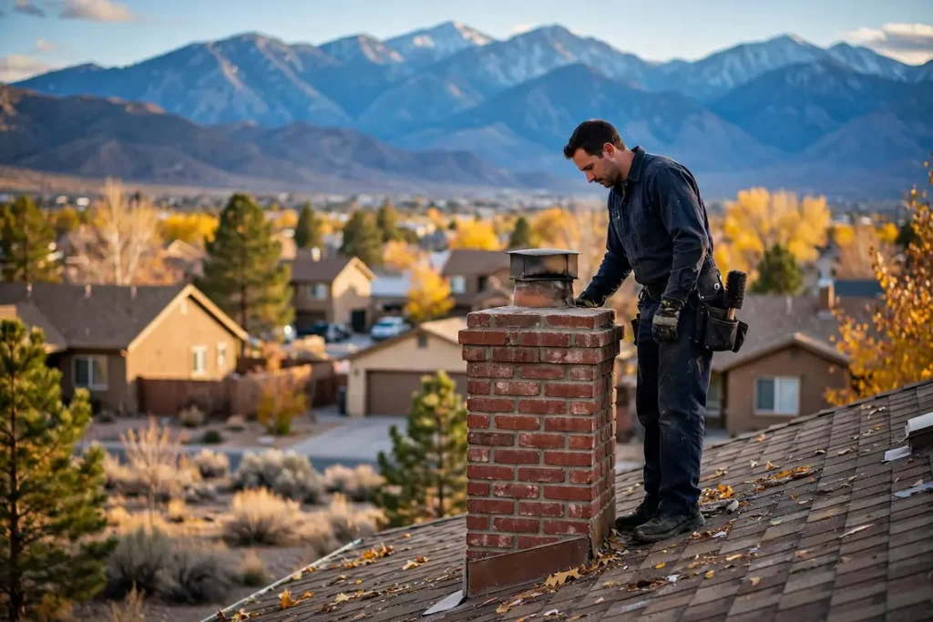 Chimney sweep inspecting a rooftop chimney in Reno, NV with Sierra Nevada mountains in background
