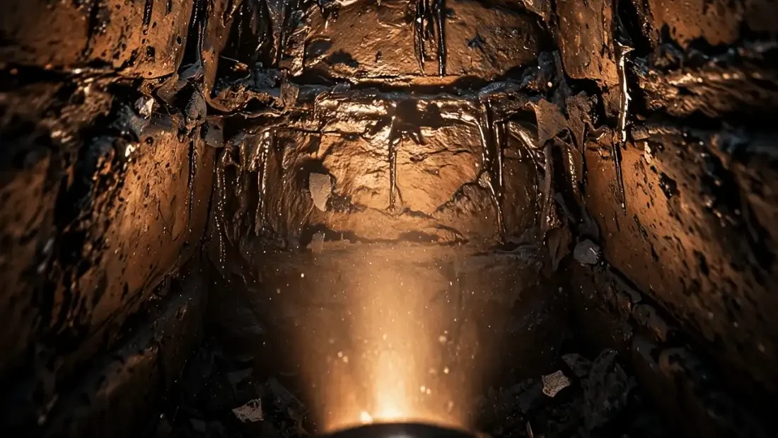 Close-up of dangerous creosote buildup inside a chimney flue in need of cleaning