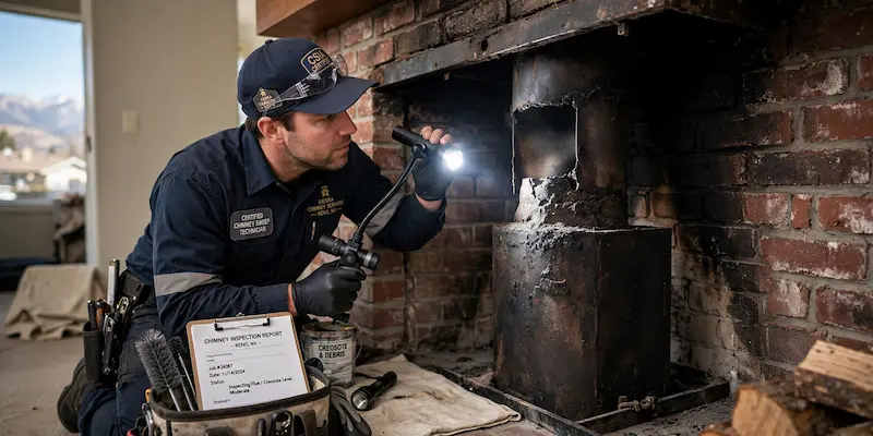 Chimney sweep technician performing a professional chimney cleaning in Reno NV