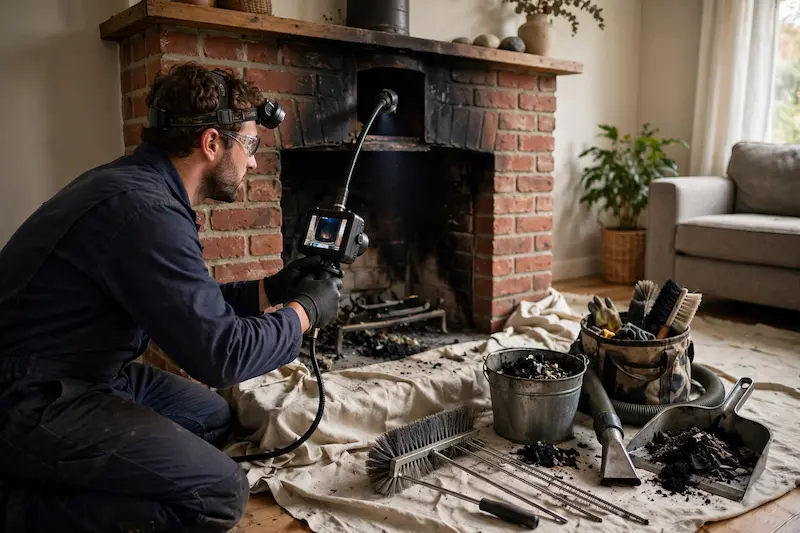 Chimney sweep using containment equipment to clean a fireplace in a Reno home