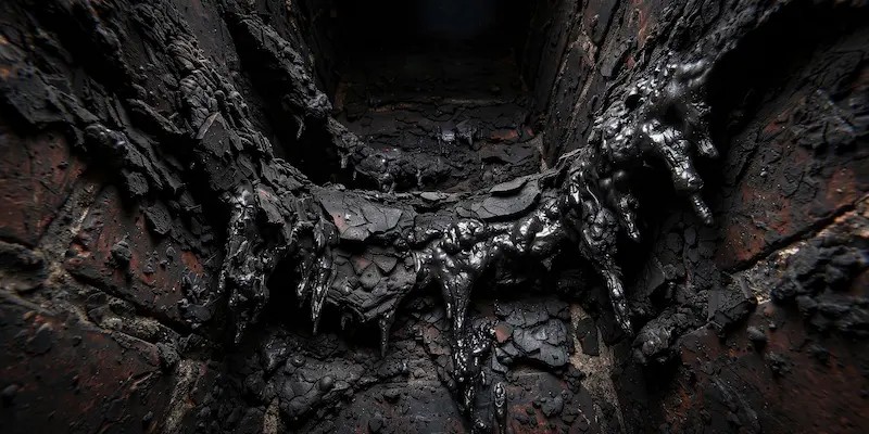 Thick creosote buildup inside a chimney flue before professional cleaning