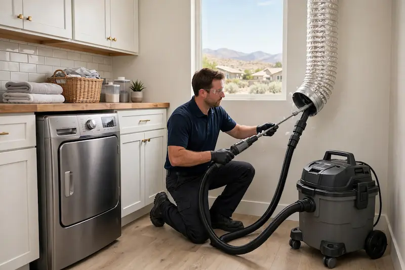 Professional dryer vent cleaning technician servicing a residential dryer vent in Reno NV