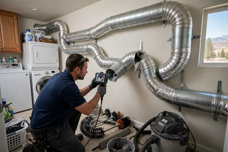 Technician inspecting a long and bent dryer vent duct that can affect cleaning cost in Reno