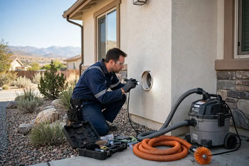 Professional technician cleaning a residential dryer vent from the exterior of a Reno NV home