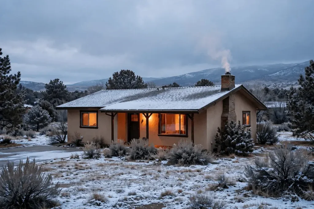 Snow-covered Reno, NV home with smoke rising from chimney during winter burn season