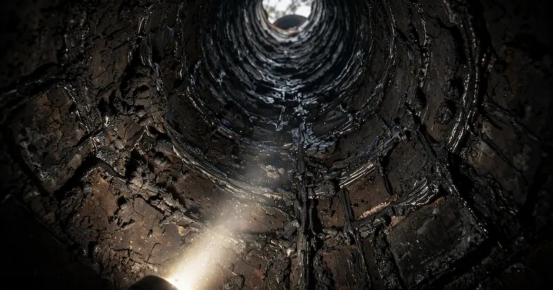Creosote buildup inside a chimney flue causing fire risk