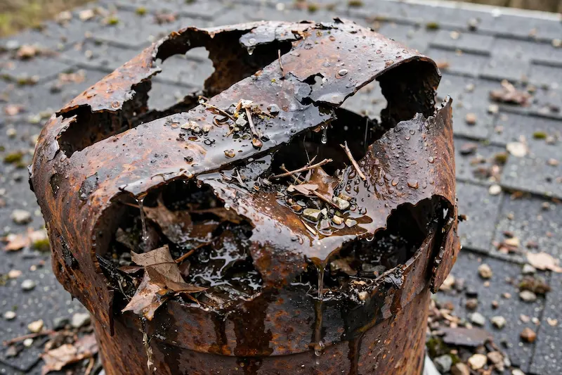 Damaged chimney cap allowing water and animal entry